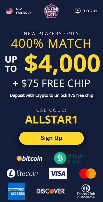 400% Up To $4000 Welcome Bonus at All Star Slots Casino
